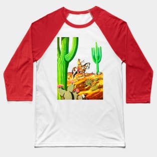 Desert Cactus American Indian Horseback Looking At The Horizon Western Cowboy Vintage Retro Comic Baseball T-Shirt